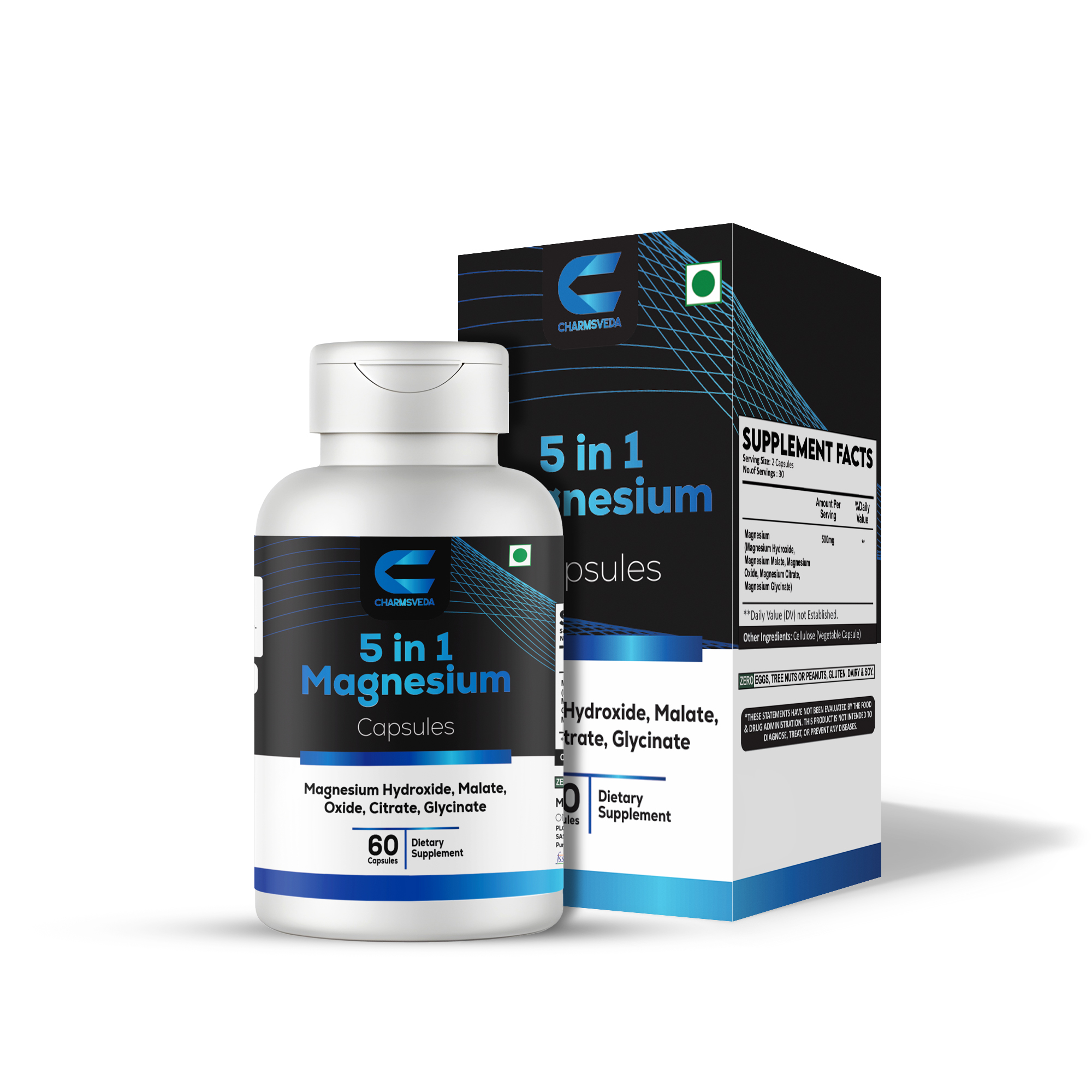 charmsveda 5 in 1 magnesium capsules 500mg | hydroxide, malate, oxide, citrate & glycinate | 60 capsules charmsveda 5 in 1 magnesium capsules 500mg | hydroxide, malate, oxide, citrate & glycinate | 60 capsules